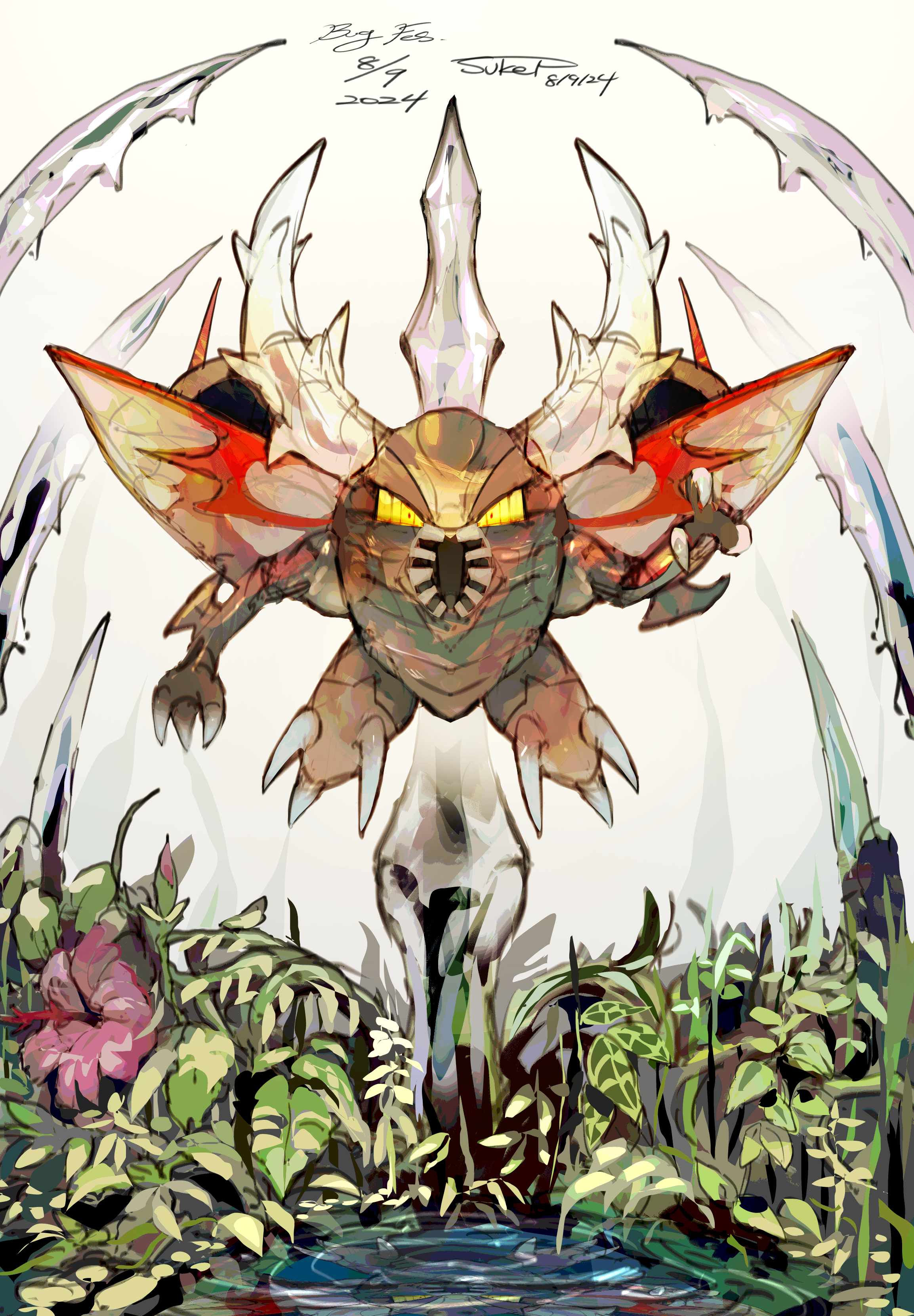 sukepmonster, mega pinsir, pinsir, nintendo, pokemon, absurdres, highres, artist name, dated, flower, flying, gen 1 pokemon, looking at viewer, mega evolution, mega pokemon, no humans, plant, pokemon (creature), water, yellow eyes