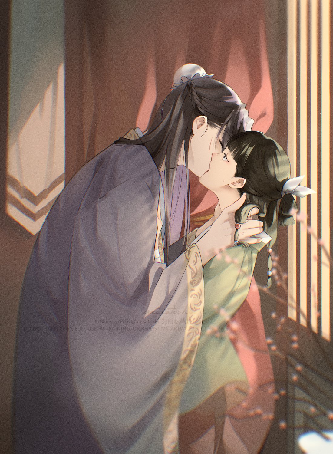 anisatoshii, jinshi (kusuriya no hitorigoto), maomao (kusuriya no hitorigoto), kusuriya no hitorigoto, highres, 1boy, 1girl, beads, blunt bangs, blurry, blurry foreground, braid, bun cover, chinese clothes, closed eyes, couple, curtains, flower, green hair, green shirt, hair beads, hair bun, hair ornament, hair ribbon, half-closed eyes, half updo, hand in another's hair, hands on another's shoulders, hetero, kiss, long hair, pink flower, purple hair, purple robe, ribbon, robe, shirt, side braid, sidelocks, upper body, white ribbon, wide sleeves