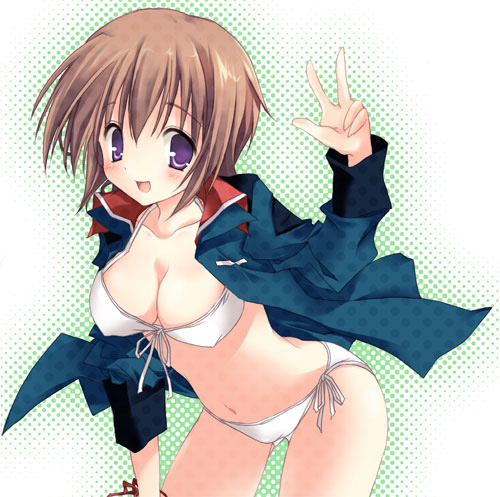 kiaki, kira yamato, gundam, gundam seed, bad id, bad pixiv id, lowres, 00s, 1girl, blush, bra, breasts, brown hair, cleavage, female focus, genderswap, genderswap (mtf), ki aki, large breasts, leaning forward, lingerie, military, military uniform, moe (phrase), nipples, open clothes, open shirt, panties, purple eyes, shirt, short hair, side-tie panties, smile, solo, underwear, white panties