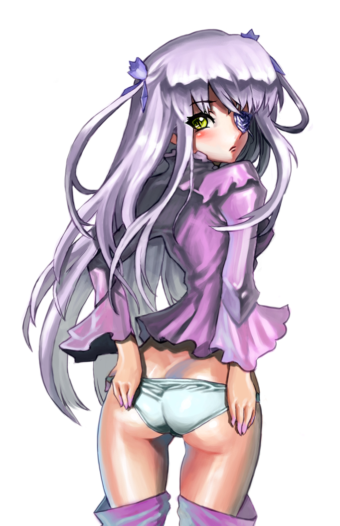 galugama, barasuishou, rozen maiden, 00s, ass, boots, bottomless, eyepatch, long hair, panties, purple hair, solo, thigh boots, thighhighs, twintails, two side up, underwear, yellow eyes
