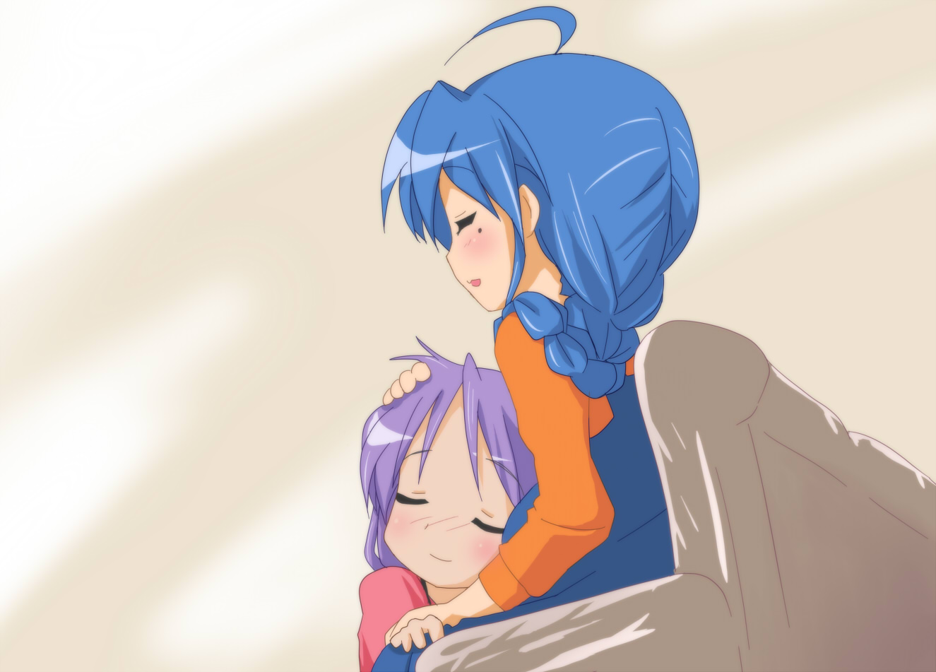 agenasu, hiiragi kagami, izumi konata, lucky star, 00s, 2girls, ahoge, alternate hairstyle, bench, braid, casual, closed eyes, couch, couple, if they mated, lap pillow, mole, mole under eye, multiple girls, pregnant, yuri