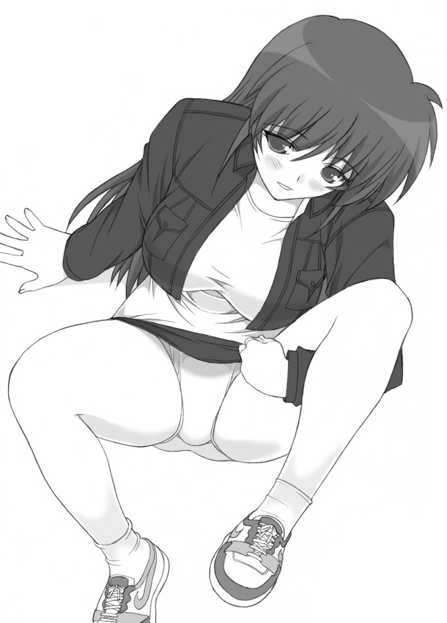 shichimenchou, 1girl, blush, breasts, clothes lift, female focus, greyscale, jacket, large breasts, monochrome, panties, pencil skirt, shoes, sitting, skirt, skirt lift, sneakers, solo, underwear, upskirt