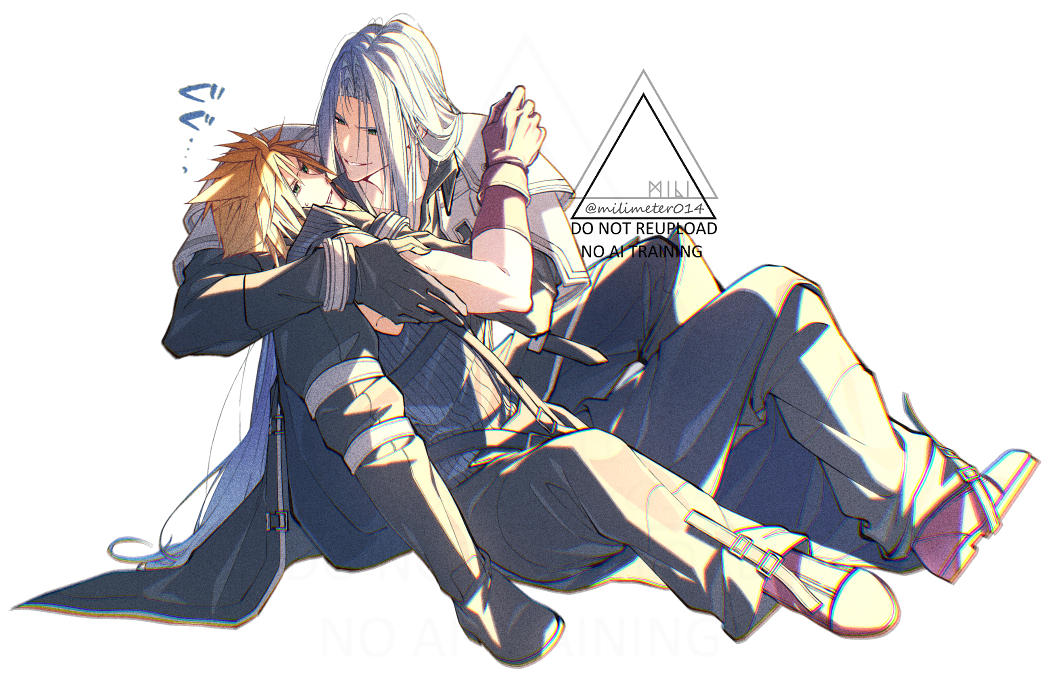 yunyunonigiri, cloud strife, sephiroth, final fantasy, final fantasy vii, final fantasy vii advent children, 2boys, arm around back, armor, baggy pants, bangle, black boots, black cape, black coat, black gloves, black pants, black vest, blonde hair, boots, bracelet, brown gloves, cape, coat, full body, furrowed brow, gloves, grey hair, hand on another's cheek, hand on another's face, hand on another's shoulder, jewelry, long coat, long hair, multiple boys, pants, parted bangs, parted lips, pauldrons, popped collar, short hair, shoulder armor, single bare shoulder, smile, spiked hair, sweatdrop, twitter username, vest, waist cape, white background, yaoi