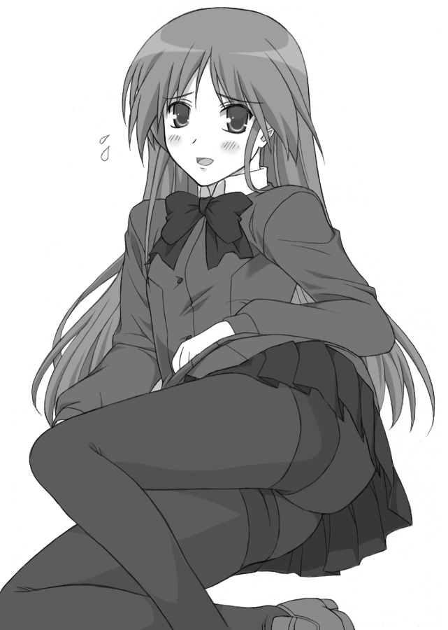 shichimenchou, watarase jun, happiness!, 00s, 1boy, ass, blush, bow, clothes lift, crossdressing, crossdressing (mtf), greyscale, lying, male focus, monochrome, pantyhose, school uniform, skirt, skirt lift, solo, thighband pantyhose, trap