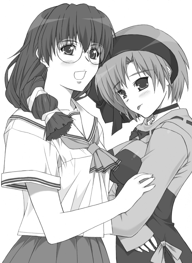 shichimenchou, nakamoto shizuka, tachibana meiko, graduation (series), snow (game), sotsugyou graduation, 1990s (style), 2girls, bow, choker, cross, cross choker, cross necklace, glasses, greyscale, hairband, jewelry, monochrome, multiple girls, necklace, retro artstyle, school uniform, serafuku, simple background, tongue, white background, yuri