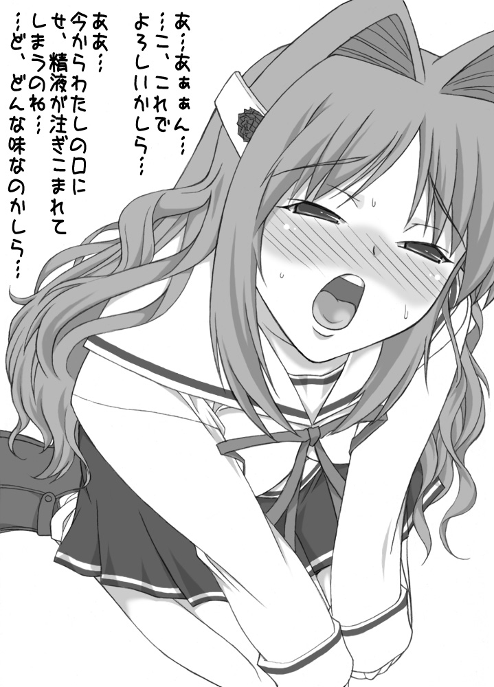 shichimenchou, 1girl, blush, bow, female focus, greyscale, hair ornament, hairclip, kneeling, monochrome, open mouth, school uniform, solo, sweat