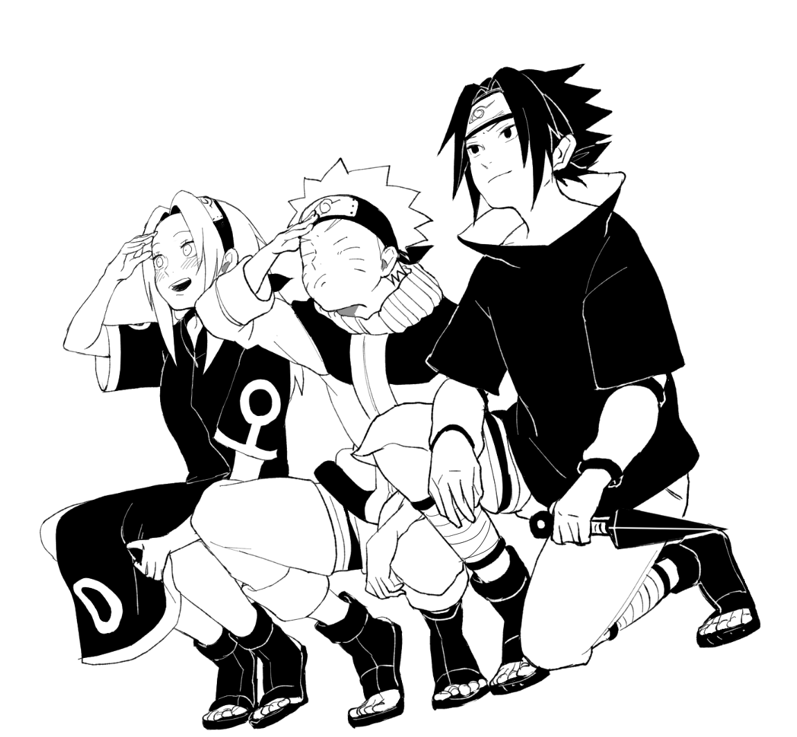 nmyuo, haruno sakura, uchiha sasuke, uzumaki naruto, naruto (classic), naruto (series), 1girl, 2boys, black hair, black shirt, black shoes, blush, breasts, closed eyes, dress, facial mark, frown, full body, greyscale, hairband, headband, holding, holding kunai, holding weapon, jumpsuit, kunai, light smile, medium breasts, medium hair, monochrome, multiple boys, on one knee, open-toe shoes, open mouth, parted bangs, pelvic curtain, shading eyes, shirt, shoes, short hair, short sleeves, shorts, smile, spiked hair, squatting, weapon, whisker markings, white background, white shorts