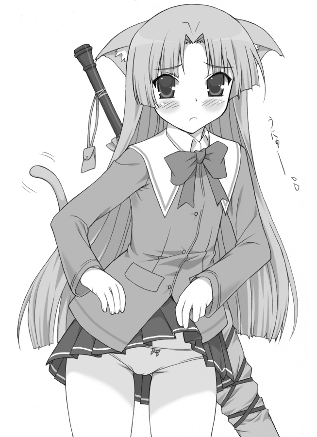 shichimenchou, 1girl, animal ears, blush, bow, cat ears, cat tail, clothes lift, female focus, greyscale, loli, monochrome, panties, school uniform, skirt, skirt lift, solo, tail, underwear