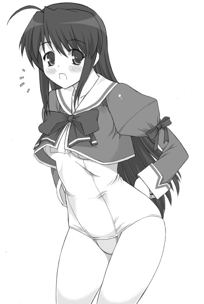 shichimenchou, fujieda honami, tsuki wa higashi ni hi wa nishi ni, 00s, 1girl, ahoge, blush, bow, cropped jacket, cropped overshirt, female focus, greyscale, monochrome, no pants, one-piece swimsuit, school swimsuit, school uniform, solo, swimsuit, swimsuit under clothes, white one-piece swimsuit, white school swimsuit
