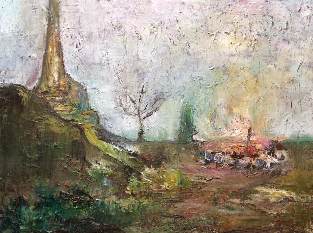 emerald herald, dark souls (series), dark souls ii, commentary request, oil painting (medium), painting (medium), traditional media, 1girl, bare tree, bonfire (dark souls), cliff, cloak, fire, green cloak, grey sky, in-universe location, meme 000, outdoors, overcast, scenery, sitting, sky, solo, tower, tree