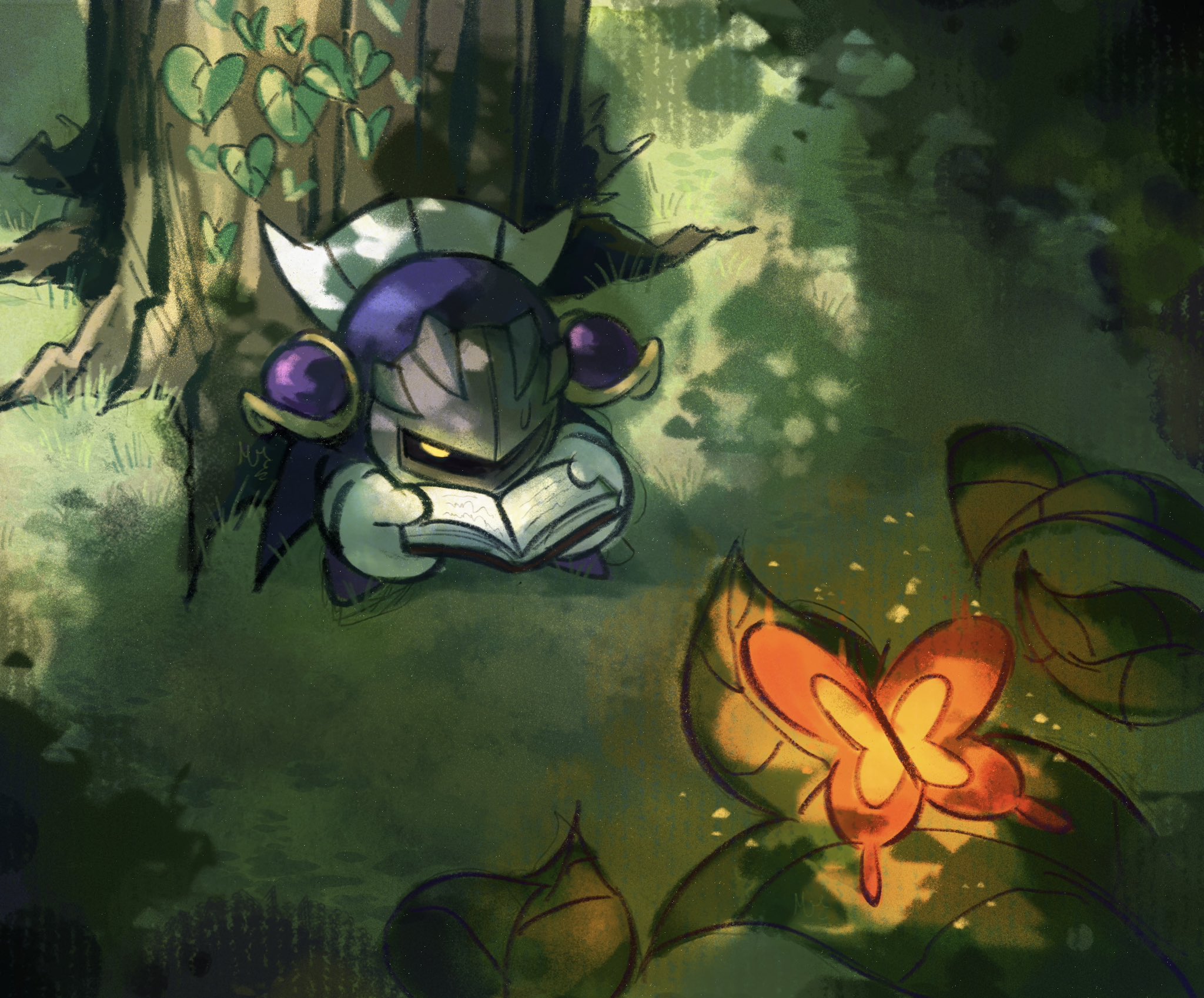 afreakingmistak, meta knight, morpho knight (butterfly), kirby (series), nintendo, highres, armor, book, bug, butterfly, cape, gloves, holding, holding book, insect, leaf, mask, no humans, open book, reading, shade, shoulder pads, sweatdrop, tree, yellow eyes