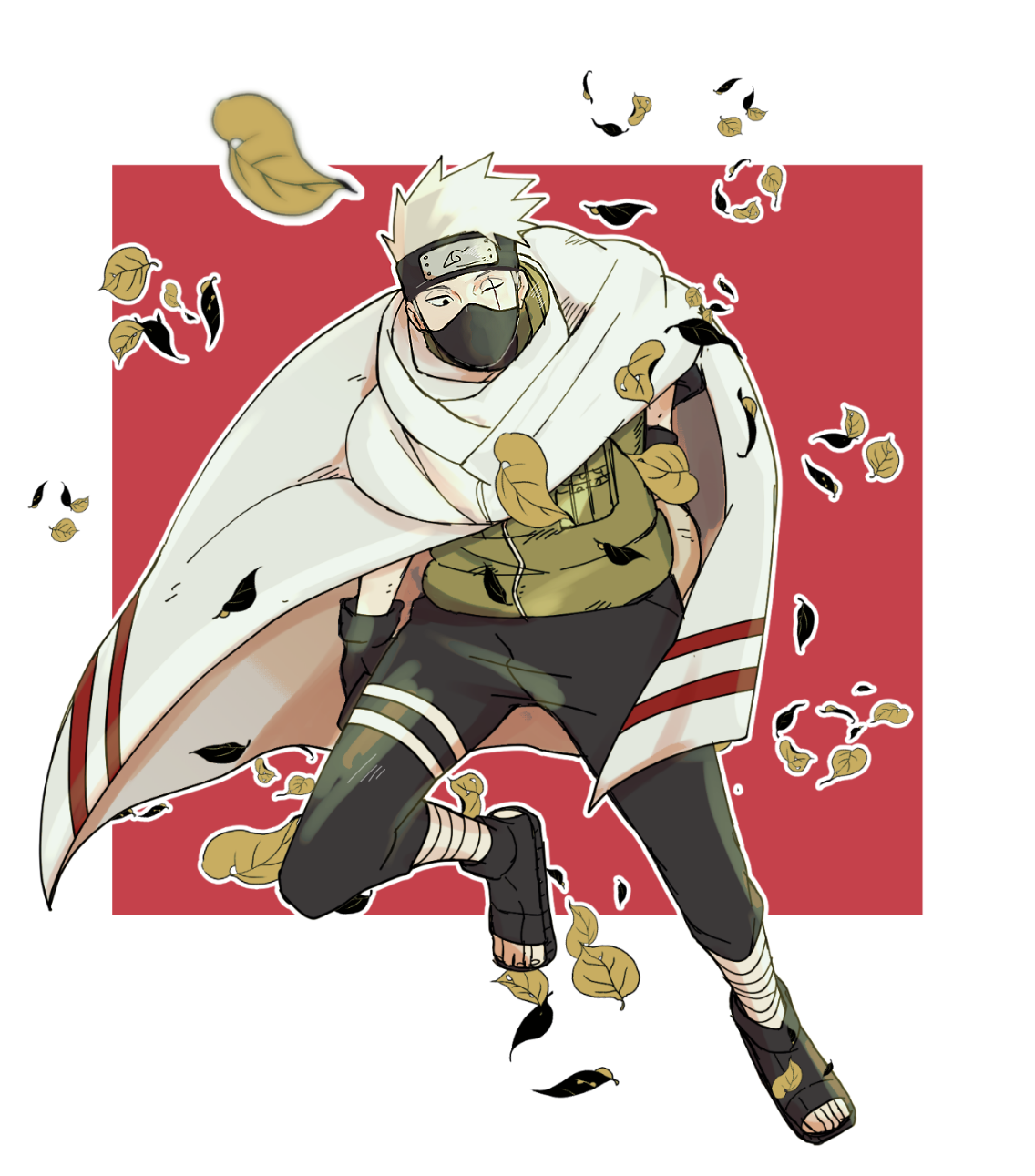 nmyuo, hatake kakashi, naruto (series), highres, 1boy, bandaged leg, bandages, black gloves, black headband, black mask, black pants, black shoes, border, cloak, falling leaves, full body, gloves, green vest, headband, holster, leaf, male focus, mask, mouth mask, open-toe shoes, pants, red background, scar, scar across eye, scar on face, shoes, short hair, solo, spiked hair, thigh holster, vest, white border, white cloak, white hair