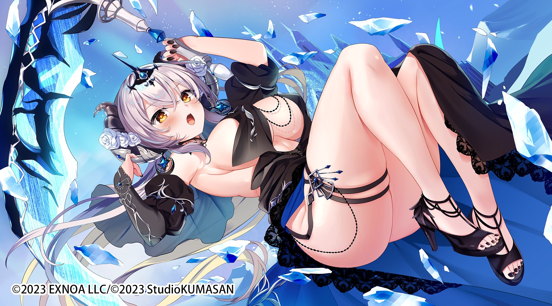 emia (castilla), sasha (twinkle star knights), twinkle star knights, highres, 1girl, black dress, black sandals, breasts, dress, evening gown, holding, holding weapon, horns, large breasts, nail polish, sandals, toenail polish, toenails, weapon, white hair, yellow eyes