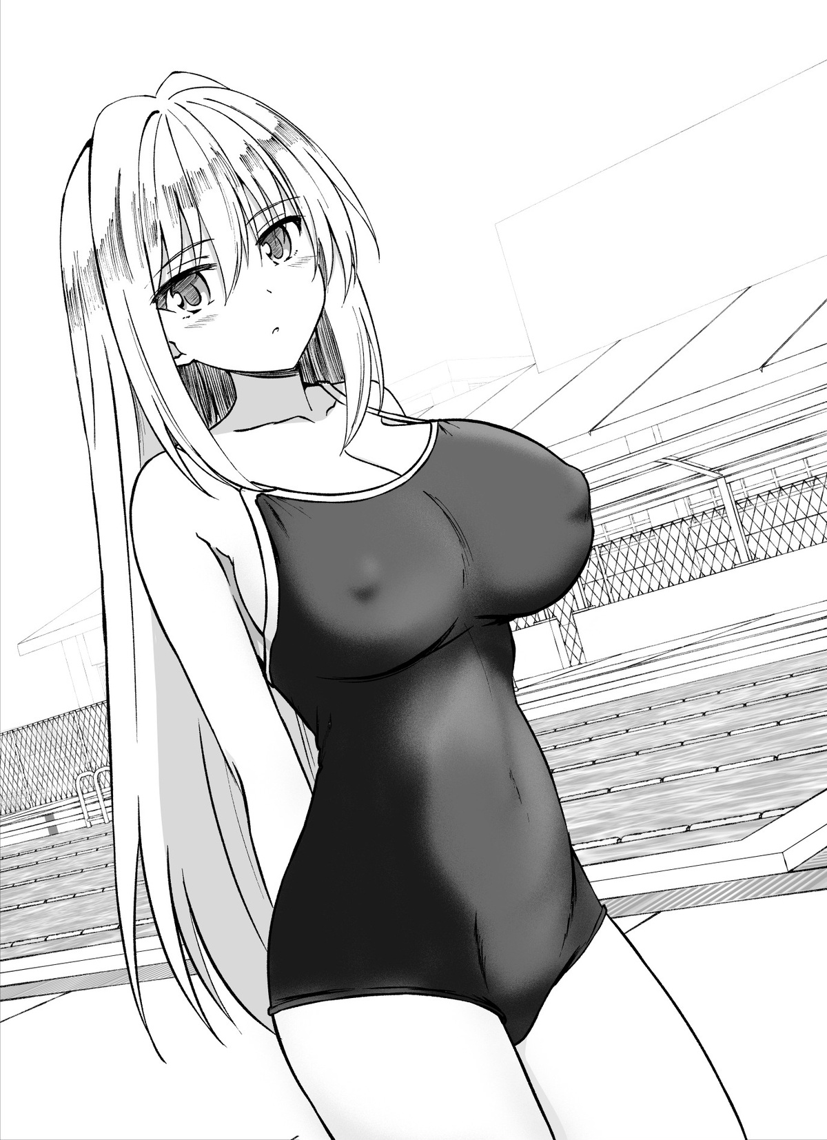 hako roku, ravi, makai gacha wa kyou mo shibui, highres, non-web source, variant set, 1girl, arm behind back, blush, breasts, cleavage, collarbone, covered erect nipples, covered navel, cowboy shot, greyscale, hair between eyes, hair down, large breasts, long hair, looking at viewer, monochrome, outdoors, parted lips, pool, poolside, school swimsuit, sidelocks, solo, standing, swimsuit