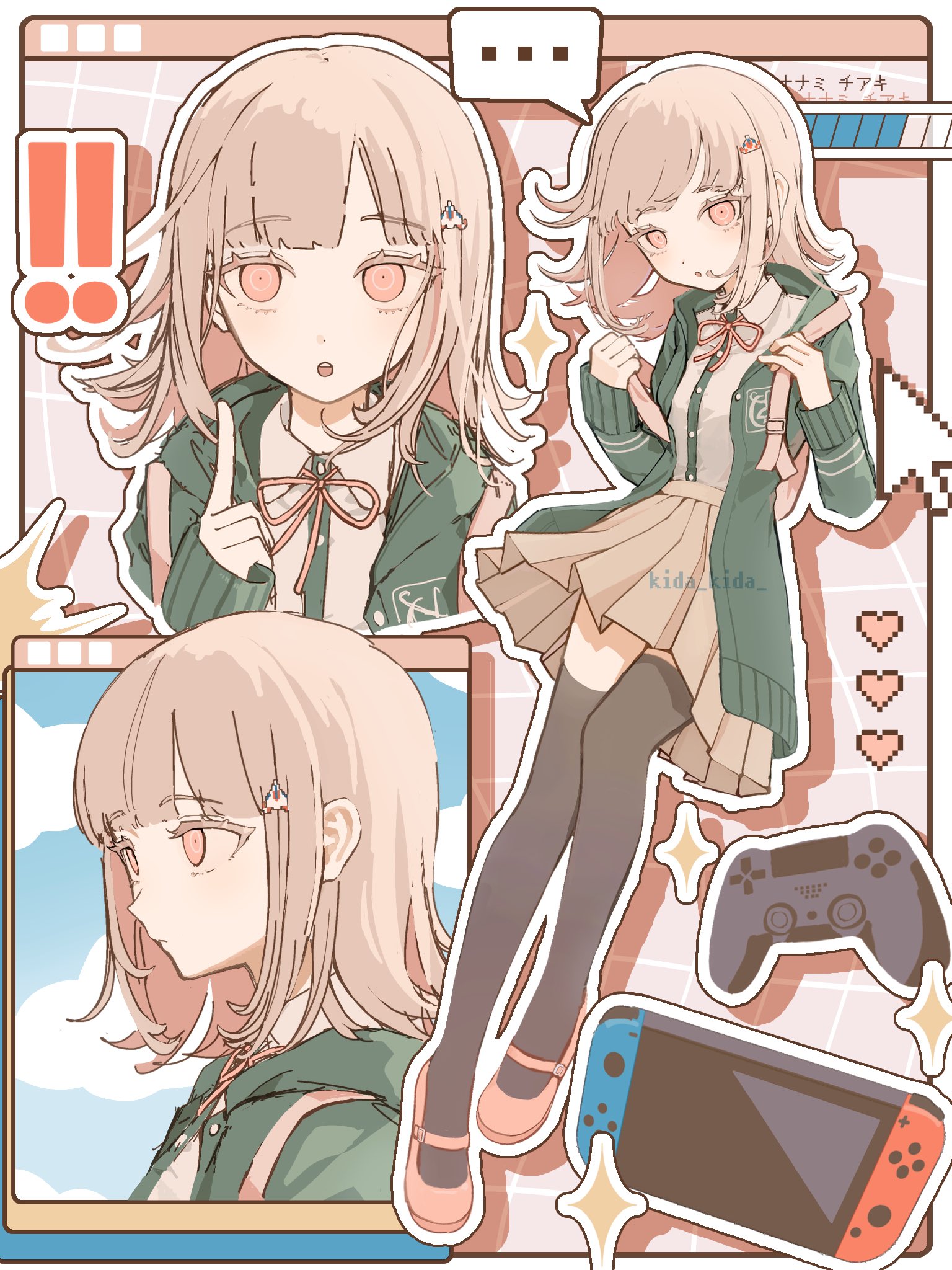nanami chiaki, danganronpa (series), danganronpa 2: goodbye despair, commentary, highres, !, !!, …, 1girl, bag, black thighhighs, blue sky, blush, breasts, brown hair, brown skirt, collared shirt, controller, dualsense, eyelashes, flipped hair, game controller, hair ornament, handheld game console, heart, holding, holding bag, hood, hope's peak academy school uniform, index finger raised, jacket, kida kida, long sleeves, looking at viewer, medium hair, neck ribbon, nintendo switch, open clothes, open jacket, open mouth, outline, pink bag, pink eyes, pink ribbon, pixel heart, playstation controller, pleated skirt, ribbon, school uniform, shirt, skirt, sky, solo, sparkle, spoken ellipsis, thighhighs, two-tone shirt, white outline, white shirt