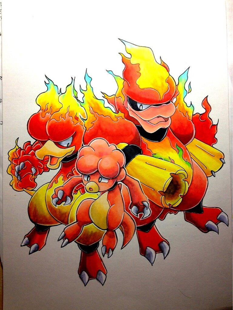wotasyou, magby, magmar, magmortar, nintendo, pokemon, marker (medium), traditional media, evolutionary line, gen 1 pokemon, gen 2 pokemon, gen 4 pokemon, no humans, open mouth, pokemon (creature), standing, white background