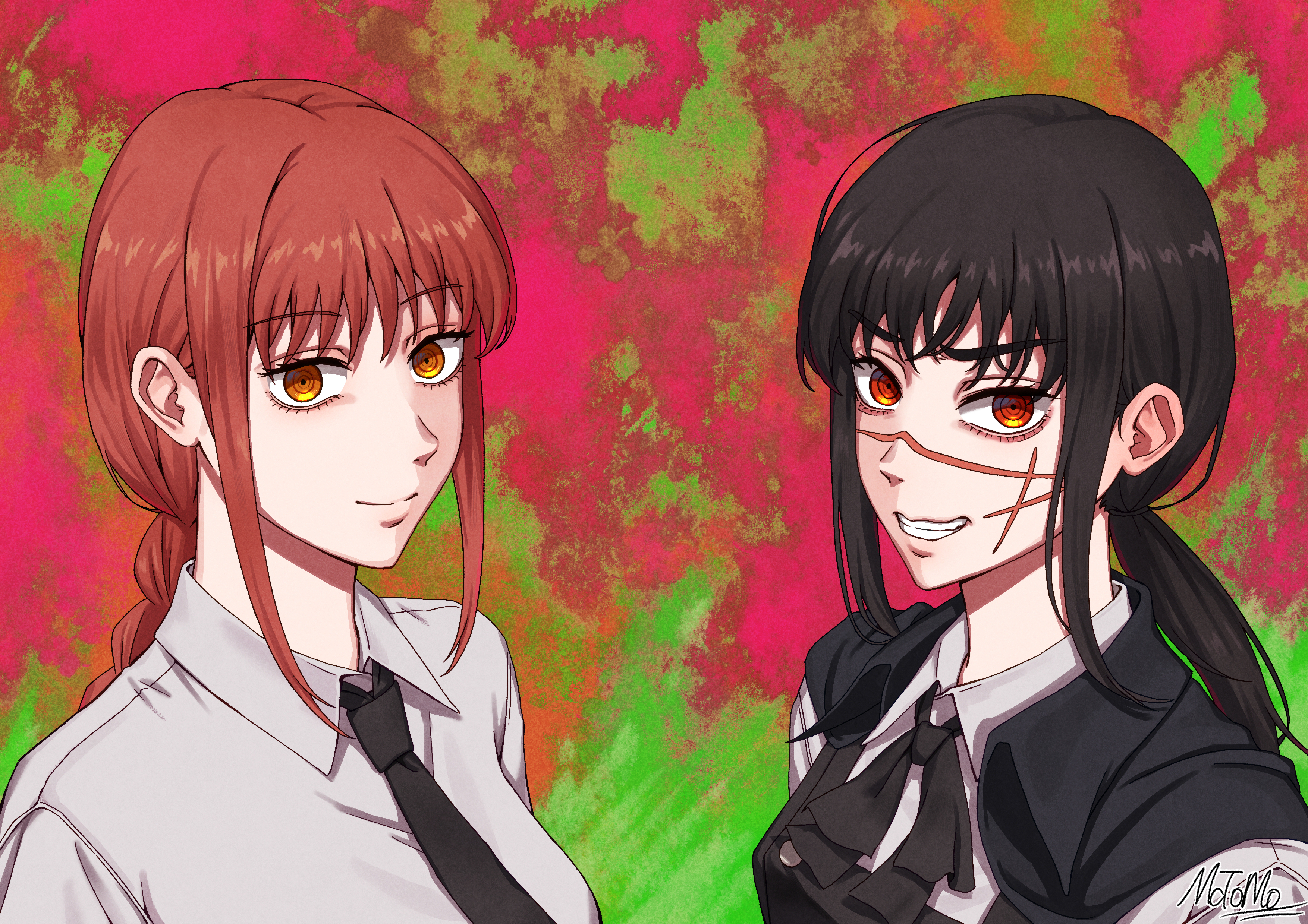 matomo, makima (chainsaw man), yoru (chainsaw man), chainsaw man, absurdres, highres, 2girls, black cape, black dress, black hair, black necktie, braid, braided ponytail, cape, dress, facial scar, grey shirt, grin, long hair, looking at viewer, multiple girls, necktie, orange eyes, red eyes, red hair, ringed eyes, scar, scar on cheek, scar on face, scar on nose, shirt, sidelocks, smile, teeth