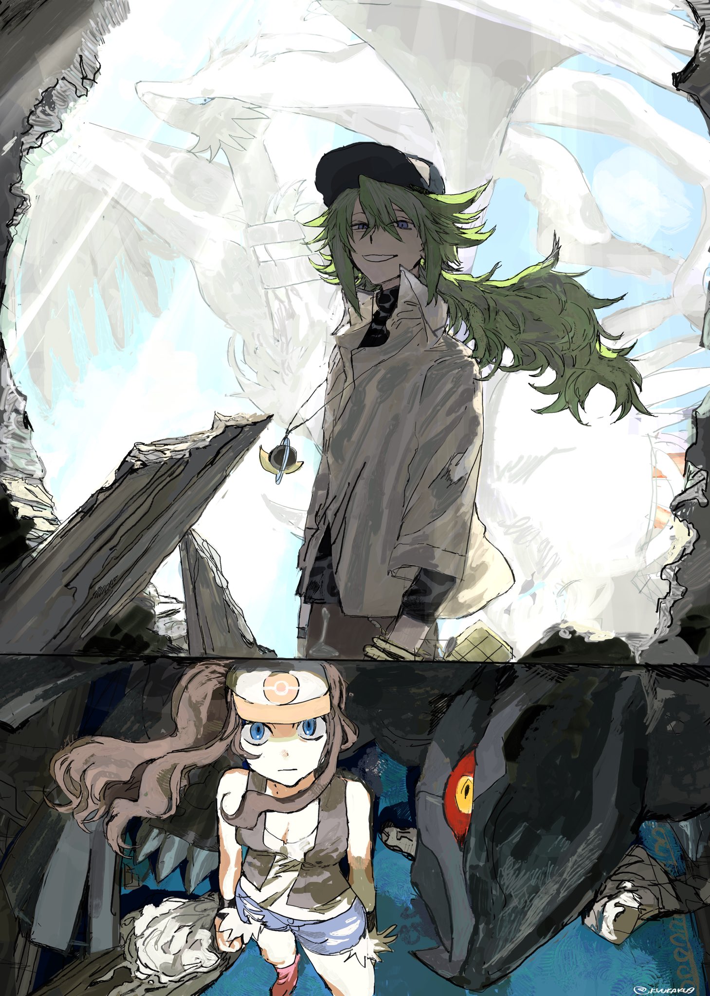 gomibaketsu3, hilda (pokemon), n (pokemon), reshiram, zekrom, nintendo, pokemon, pokemon bw, highres, 1boy, 1girl, bangle, baseball cap, black vest, blue eyes, blue sky, bracelet, breasts, brown hair, closed mouth, collared shirt, colored sclera, cutoffs, denim, denim shorts, dragon, exposed pocket, gen 5 pokemon, green hair, grin, hair between eyes, hat, high ponytail, jewelry, legendary pokemon, long hair, open clothes, open mouth, open vest, pants, poke ball print, pokemon (creature), ponytail, red eyes, red sclera, rubble, shirt, short shorts, shorts, sidelocks, sky, smile, vest, void cube, white fur, white shirt, wristband