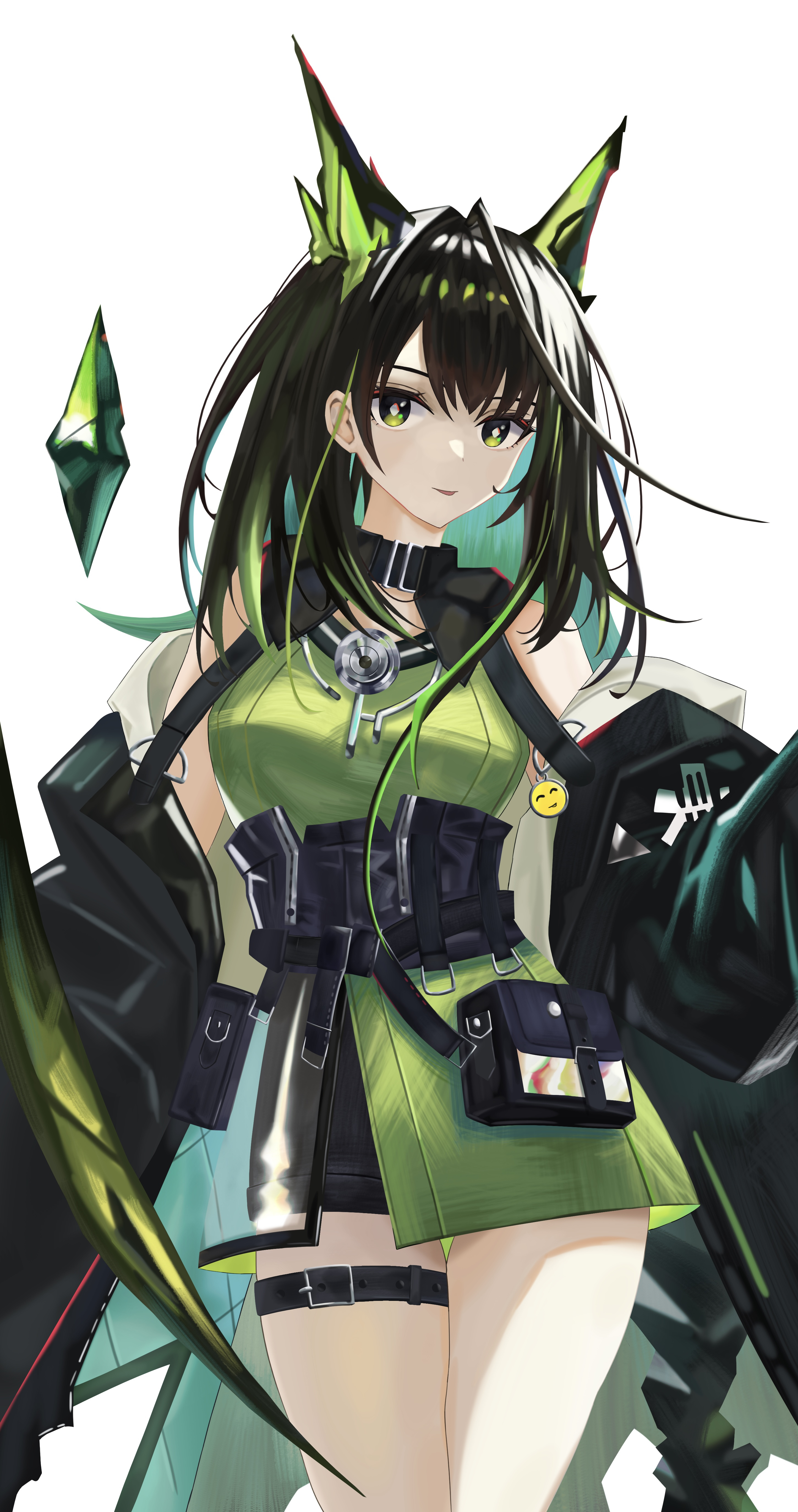 takiren, mon3tr (arknights), arknights, absurdres, highres, 1girl, :p, ahoge, aqua hair, bare shoulders, belt, belt buckle, black belt, black hair, black jacket, black sash, bright pupils, buckle, colored inner hair, cowboy shot, crystal, diamond-shaped pupils, diamond (shape), dress, green dress, green eyes, green hair, huge ahoge, jacket, medium hair, multicolored hair, off shoulder, pouch, sash, short dress, simple background, sleeveless, sleeveless dress, solo, standing, symbol-shaped pupils, thigh belt, thigh strap, tongue, tongue out, white background, white pupils