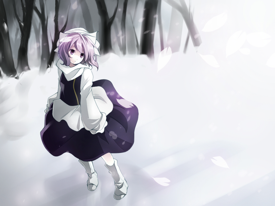 hijiri (resetter), hiz (pixiv), letty whiterock, touhou, bad id, bad pixiv id, 1girl, boots, female focus, purple eyes, purple hair, snow, solo, tree, white boots