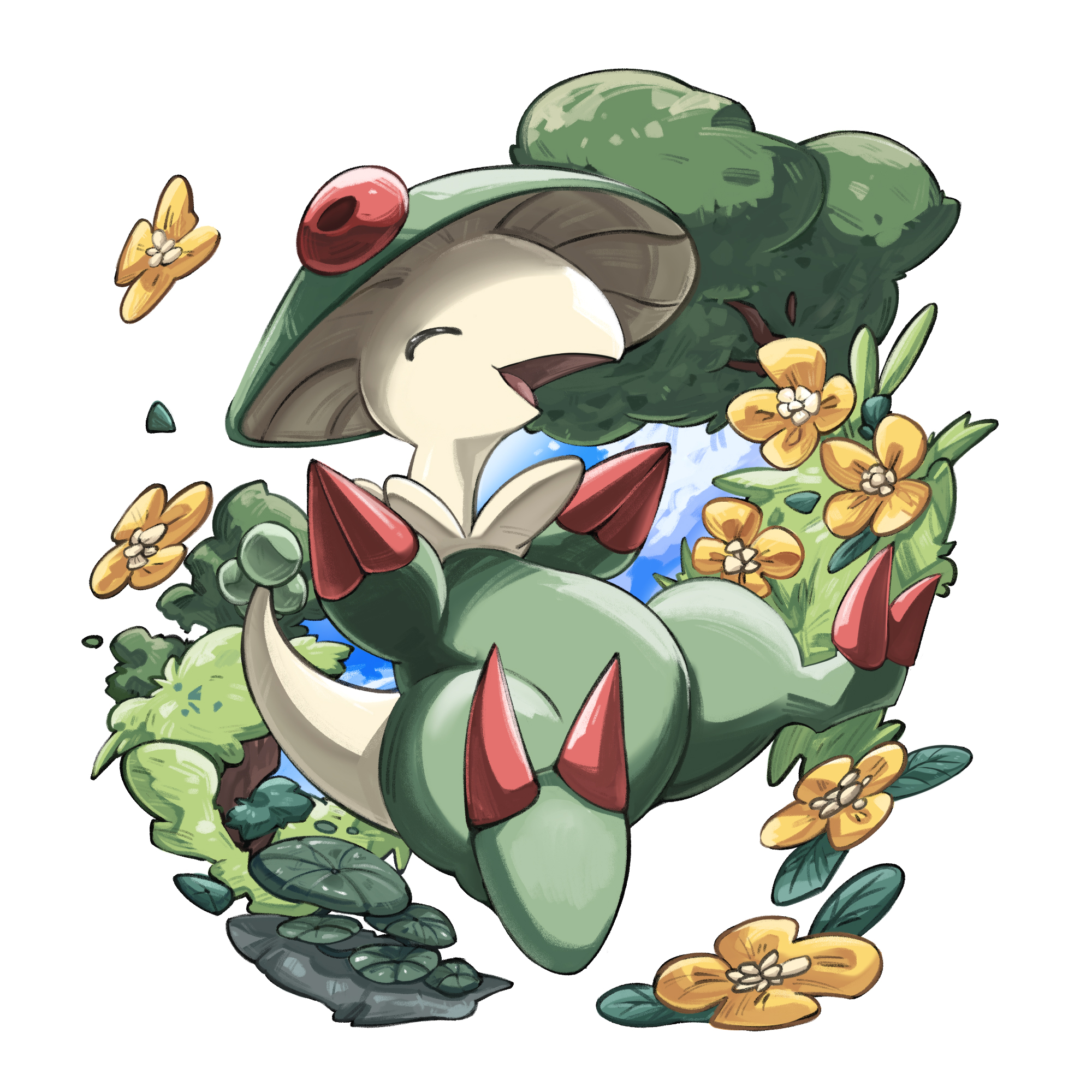 breloom, nintendo, pokemon, highres, :d, closed eyes, flower, full body, gen 3 pokemon, open mouth, pokemon (creature), simple background, smile, tianjinyeyi, tree, white background
