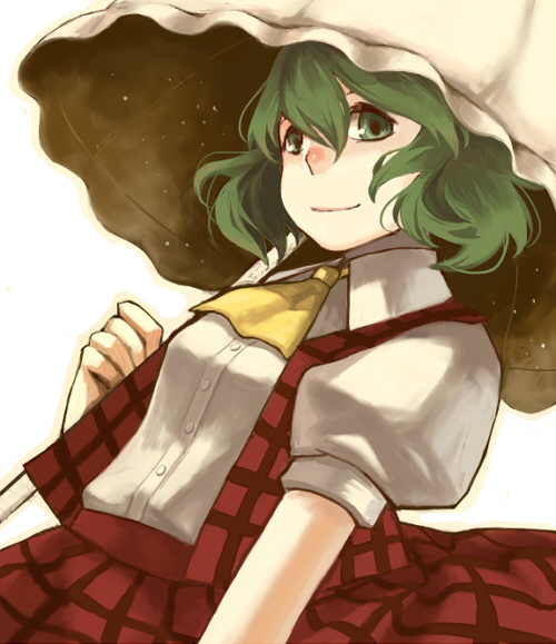clea (geee13), kazami yuuka, touhou, bad id, bad pixiv id, 1girl, ascot, dress, dress shirt, female focus, green eyes, green hair, matching hair/eyes, plaid clothes, plaid skirt, plaid vest, red eyes, shirt, short hair, skirt, skirt set, smile, solo, upper body, vest, white background