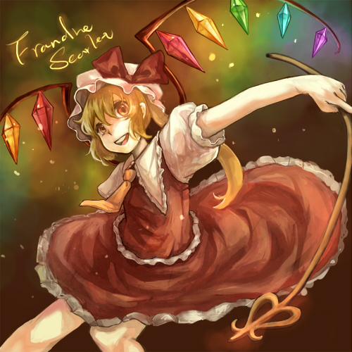 clea (geee13), flandre scarlet, touhou, bad id, bad pixiv id, lowres, 1girl, blonde hair, blouse, character name, female focus, foreshortening, frilled vest, frills, hair between eyes, hat, mob cap, shirt, solo, vest, white hat, white shirt, wings, yellow eyes