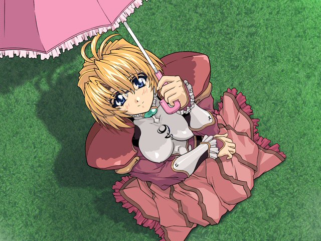 brave soul, mogudan, caren (brave soul), game cg, 1girl, antenna hair, blonde hair, blue eyes, blush, breasts, covered erect nipples, dress, dutch angle, female focus, frills, from above, glasses, grass, large breasts, looking up, outdoors, shadow, sitting, skin tight, smile, solo, umbrella