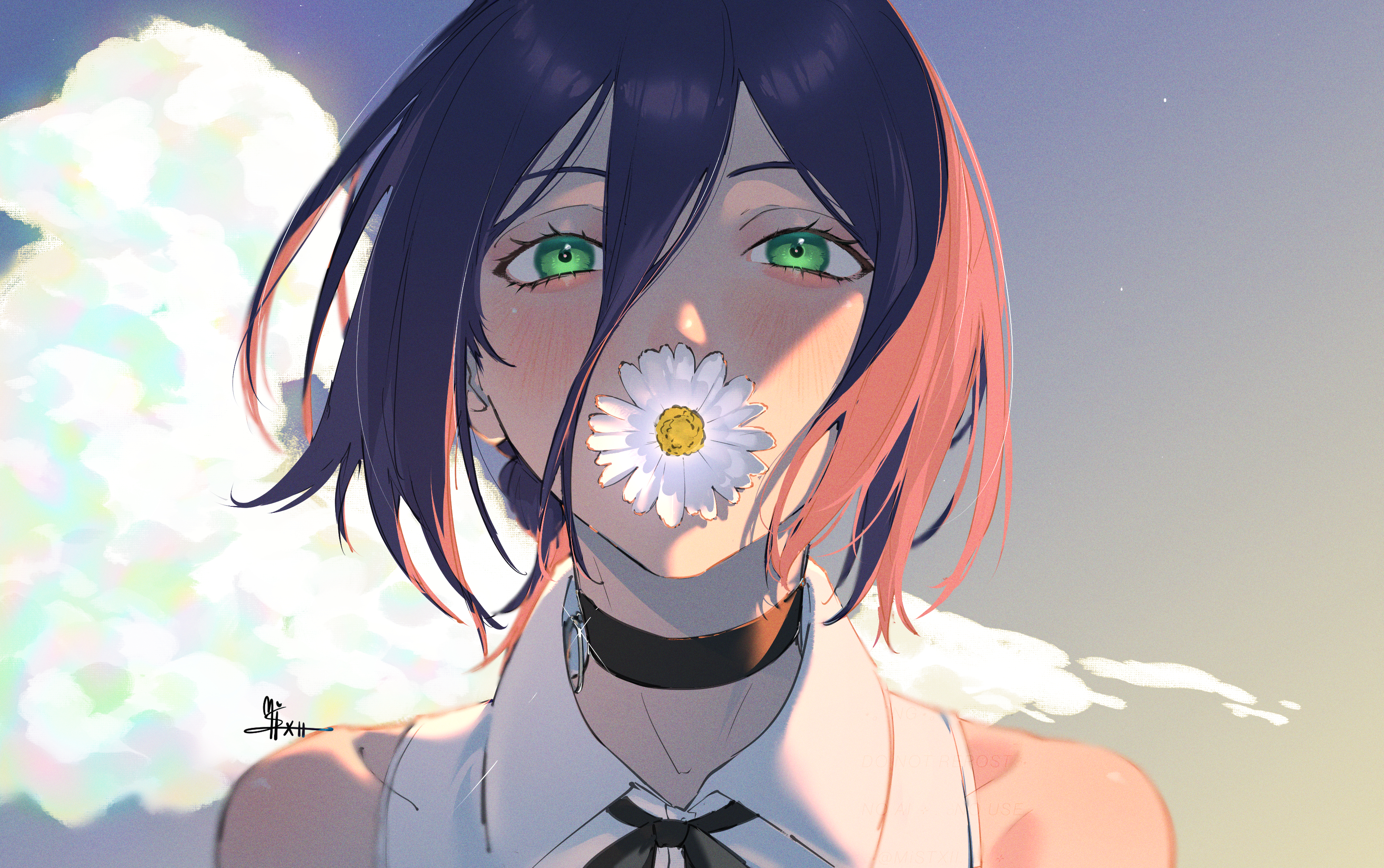 mistxii, reze (chainsaw man), chainsaw man, absurdres, highres, 1girl, black choker, black hair, black ribbon, choker, cloud, evening, flower, flower over mouth, green eyes, grenade pin, hair between eyes, looking at viewer, neck ribbon, outdoors, ribbon, shirt, sleeveless, sleeveless shirt, solo, white flower, white shirt