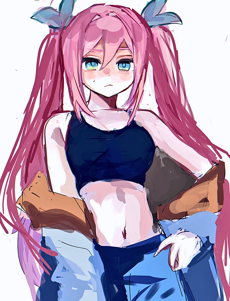 tokkooyaku, aubrey (faraway) (omori), aubrey (omori), omori, commentary request, 1girl, alternate hairstyle, bare shoulders, black tank top, blue bow, blue eyes, blue pants, bow, breasts, chromatic aberration, closed mouth, cowboy shot, crop top, denim, double-parted bangs, frown, hair between eyes, hair bow, hair intakes, hand on own hip, hood, hood down, hooded jacket, jacket, jacket partially removed, jeans, long hair, medium breasts, midriff, navel, open clothes, open jacket, orange hood, pants, pink hair, sidelocks, simple background, solo, standing, sweatdrop, tank top, twintails, very long hair, white background, white jacket