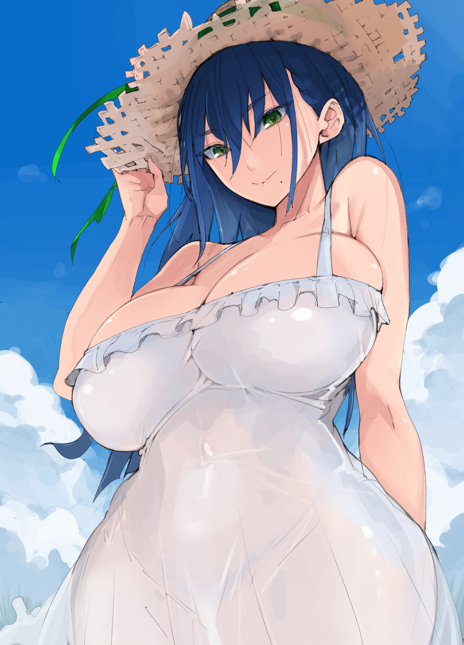 takayama toshinori, toki-sensei wa kigaetai, commentary request, highres, 1girl, bare arms, bare shoulders, blue hair, blue sky, breasts, cloud, dress, from below, hand on headwear, hat, large breasts, long hair, looking at viewer, mole, mole on breast, mole under mouth, outdoors, red eyes, skindentation, sky, sleeveless, smile, solo, straw hat, sundress, toki-sensei (toki-sensei wa kigaetai), white dress