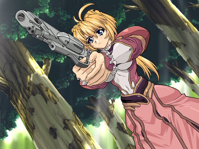 brave soul, mogudan, caren (brave soul), game cg, 1girl, belt, blonde hair, blue eyes, dress, dutch angle, female focus, frills, glasses, gun, handgun, long hair, navel, outdoors, ponytail, revolver, skin tight, solo, tree, weapon