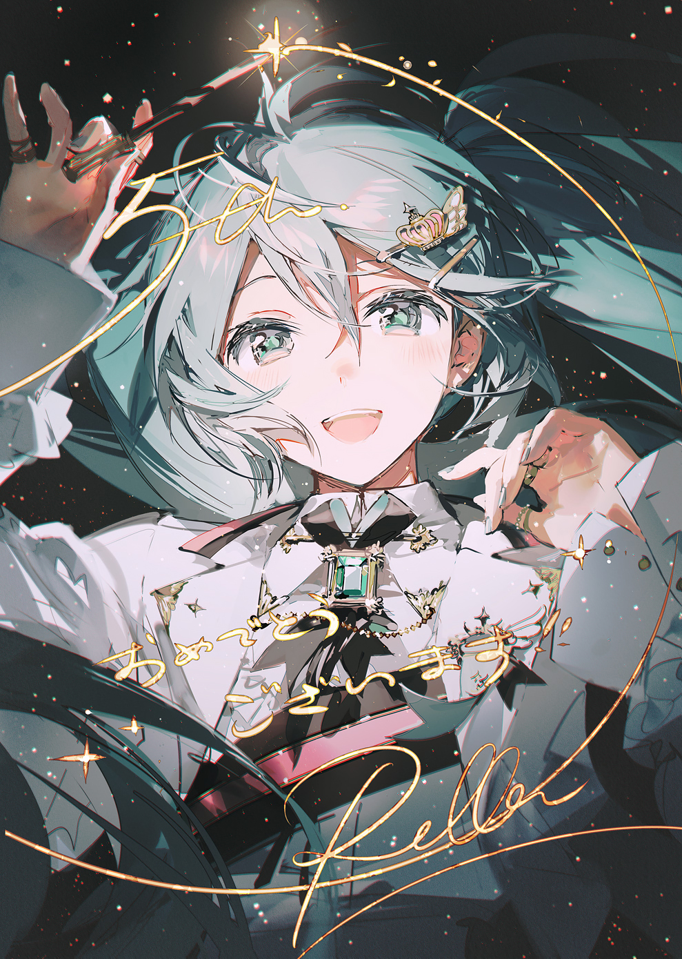 rella, hatsune miku, project sekai, vocaloid, commentary request, highres, translation request, 1girl, :d, anniversary, aqua eyes, aqua hair, artist name, black background, collared shirt, crown hair ornament, gem, glowing, green gemstone, hair between eyes, hair ornament, hairclip, holding, looking at viewer, open mouth, shirt, smile, solo, teeth, tongue, twintails, upper teeth only, white shirt