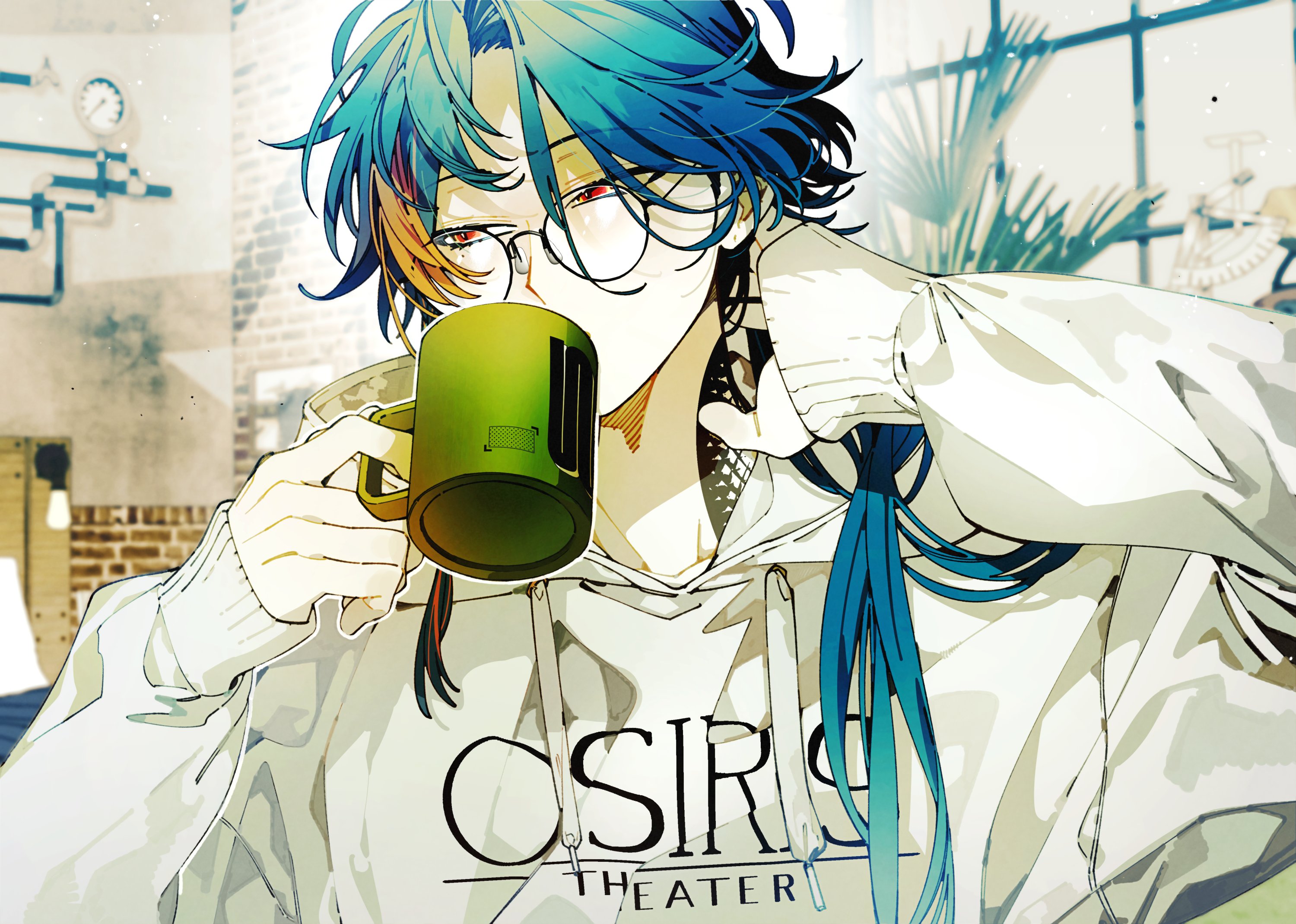 medama p5, kaisei (nijisanji), nijisanji, hashtag-only commentary, highres, 1boy, blurry, blurry background, clothes writing, cup, drawstring, drinking, glasses, holding, holding cup, hood, hood down, hoodie, indoors, long hair, looking to the side, male focus, mug, red eyes, sleeves past fingers, sleeves past wrists, solo, upper body, virtual youtuber, white hoodie