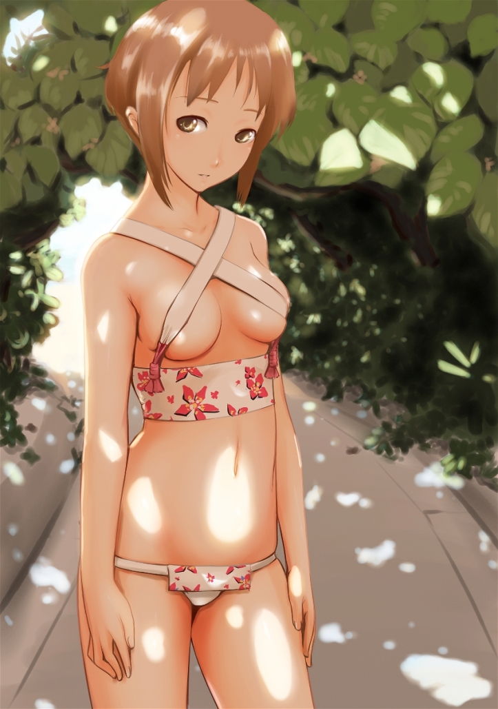 nanahime, original, bad id, bad pixiv id, 1girl, breasts, brown eyes, brown hair, dappled sunlight, female focus, fundoshi, japanese clothes, medium breasts, midriff, navel, short hair, solo, sunlight
