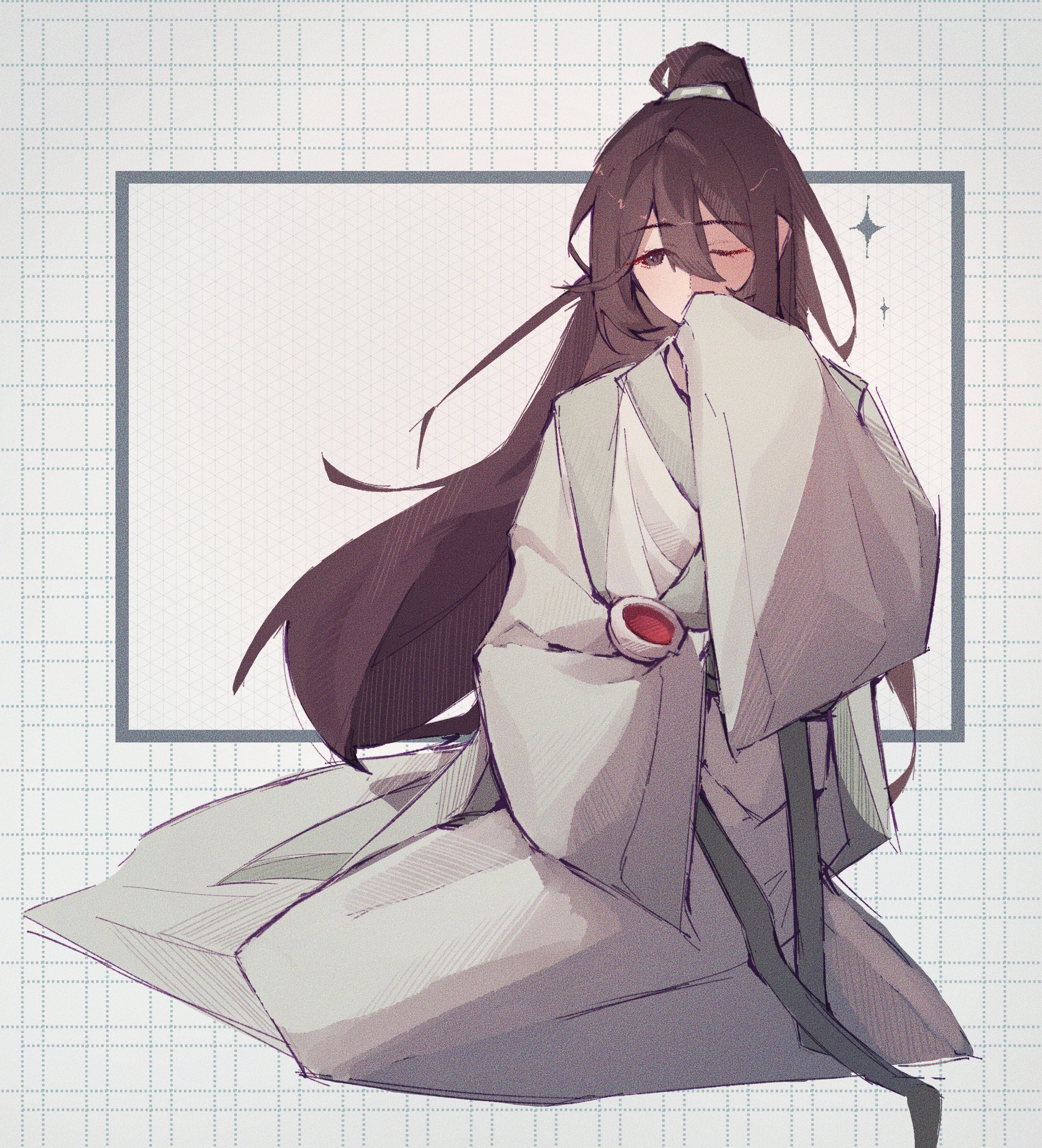 kokiing, hong lu (project moon), limbus company, project moon, highres, 1boy, black eyes, black hair, chinese clothes, cup, full body, hanfu, high ponytail, holding, holding cup, long hair, long sleeves, looking at viewer, male focus, one eye closed, ponytail, simple background, sitting, solo, white background, white hanfu