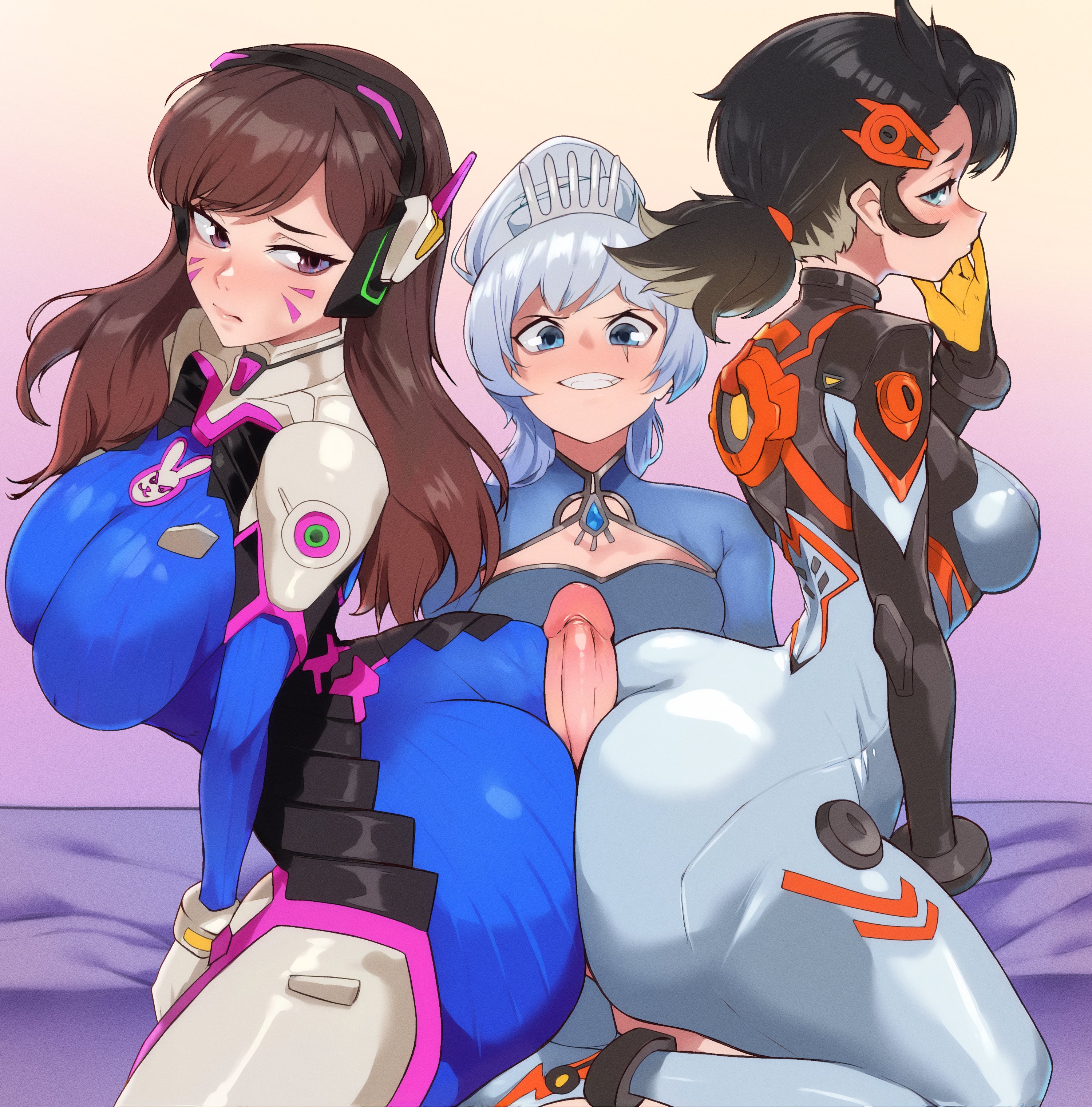 someone (someone199912), d.va (overwatch), peni parker, weiss schnee, marvel, marvel rivals, overwatch, rwby, absurdres, highres, 3girls, ass, black hair, blue bodysuit, blue dress, blue eyes, bodysuit, breasts, brown eyes, brown hair, buttjob, buttjob over clothes, closed mouth, cooperative buttjob, crossover, dress, erection, ffd threesome, futa with female, futanari, grey bodysuit, grey hair, group sex, large breasts, long hair, medium breasts, multiple girls, penis, short hair, sitting, teamwork (sexual), threesome, uncensored