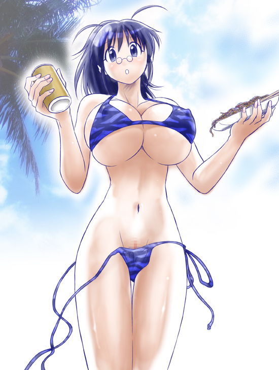 maeda sengoku, hinata aki, keroro gunsou, 1girl, bikini, blue eyes, blue hair, breasts, censored, female focus, food, glasses, huge breasts, matching hair/eyes, mature female, navel, noodles, pince-nez, purple bikini, pussy, side-tie bikini bottom, solo, swimsuit, underboob, wardrobe malfunction