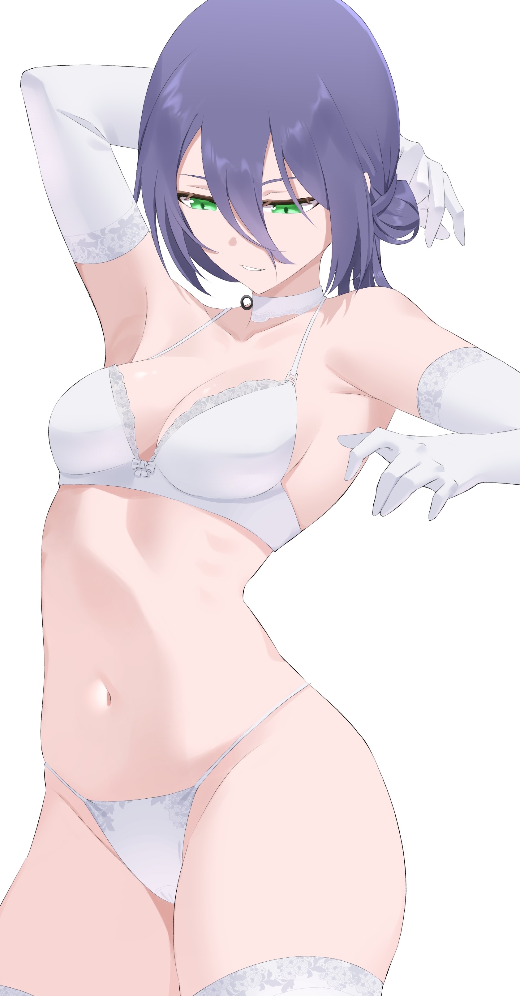 mahiruuu, reze (chainsaw man), chainsaw man, absurdres, highres, 1girl, arm up, armpits, bra, breasts, elbow gloves, gloves, green eyes, hair bun, looking down, navel, panties, purple hair, simple background, small breasts, solo, underwear, white background, white bra, white gloves, white panties
