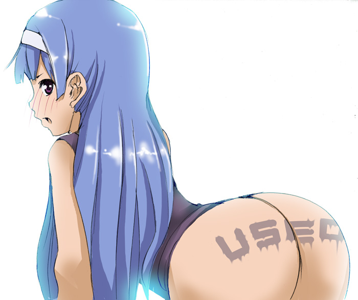 flat (artist), flat (lost-back), nagi, kannagi, bad id, bad pixiv id, 00s, 1girl, ass, blue hair, blunt bangs, body writing, female focus, long hair, no panties, solo