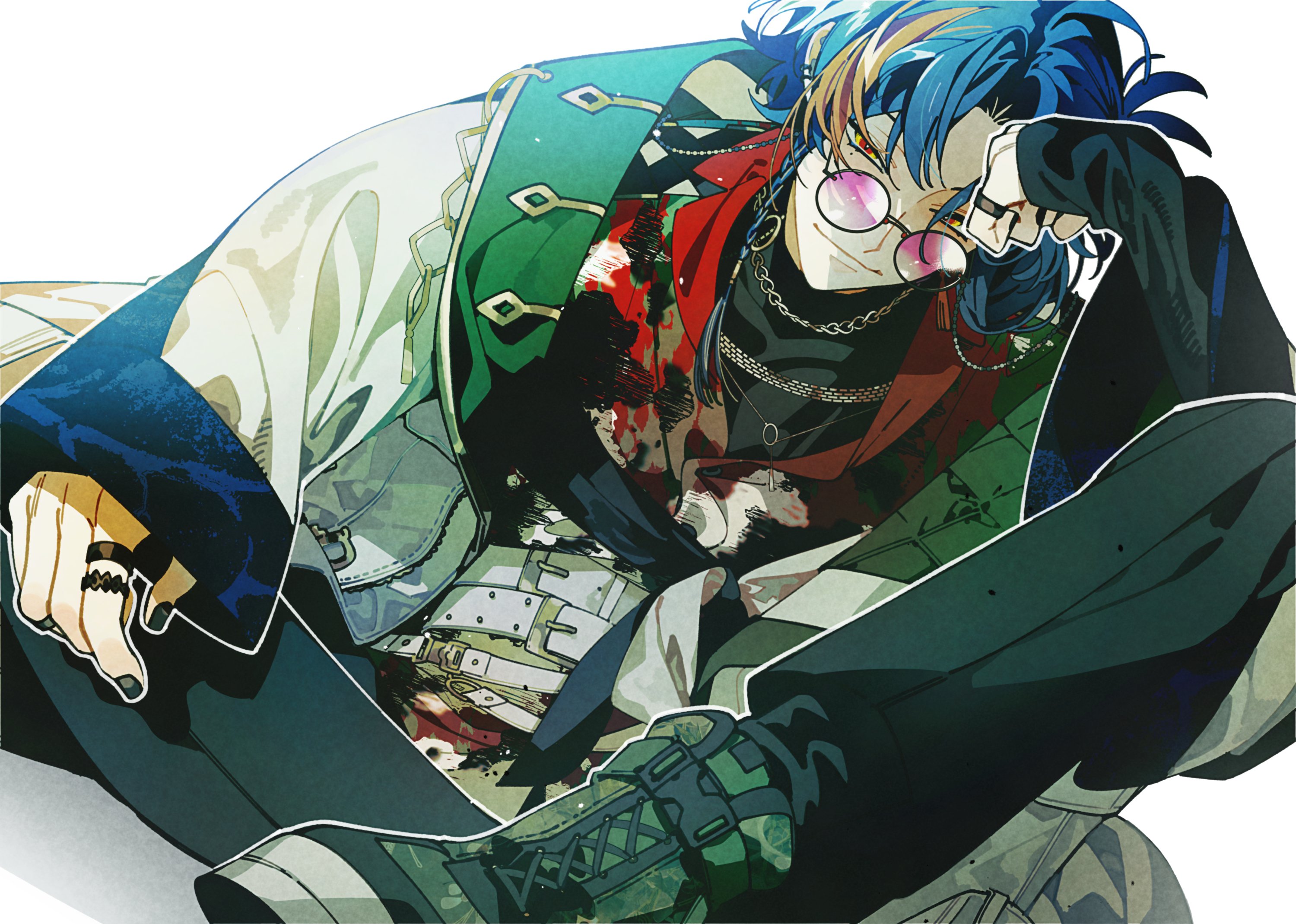 medama p5, kaisei (nijisanji), nijisanji, hashtag-only commentary, highres, 1boy, belt, black pants, black shirt, blue hair, braid, chain, chain necklace, coat, indian style, jewelry, looking at viewer, male focus, nail polish, necklace, pants, red eyes, ring, shirt, side braid, sitting, sleeves past fingers, sleeves past wrists, smile, solo, sunglasses, virtual youtuber, white belt, white coat