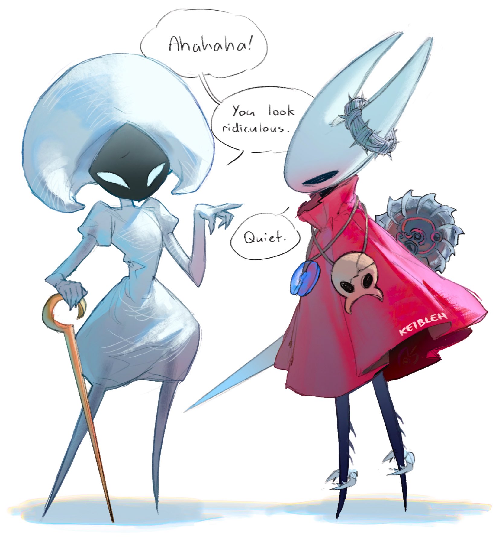 keibleh, hornet (hollow knight), lace (hollow knight), hollow knight, hollow knight: silksong, commentary, english commentary, highres, 2girls, arthropod girl, artist name, black skin, cloak, colored skin, english text, holding, holding weapon, hollow eyes, horned mask, jewelry, mask, multiple girls, necklace, needle (hollow knight), pendant, pin (hollow knight), pointing, pointing at another, red cloak, simple background, speech bubble, tool (hollow knight), weapon, white background, white mask