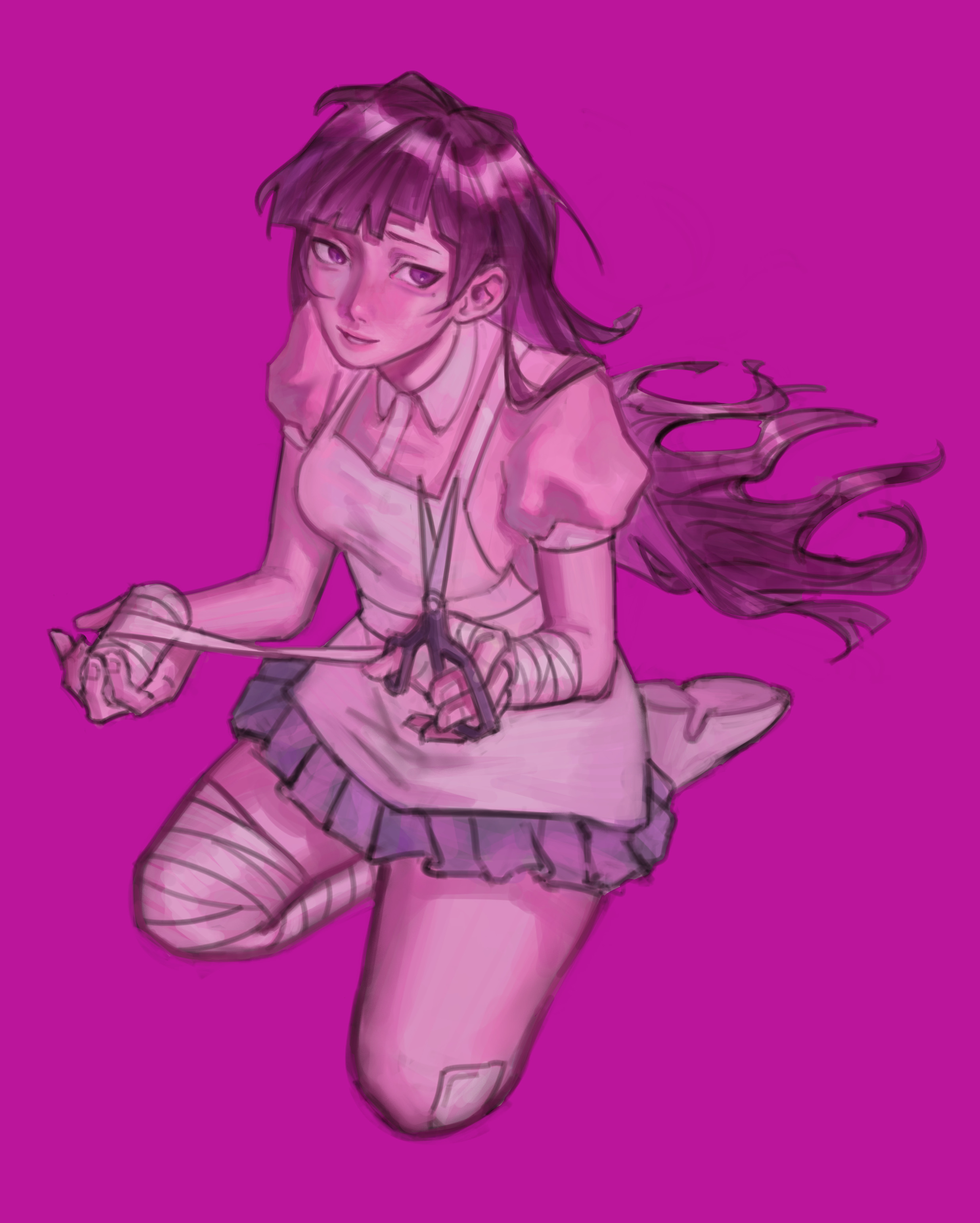 tsumiki mikan, danganronpa (series), danganronpa 2: goodbye despair, absurdres, commentary, english commentary, highres, 1girl, apron, bandaged hand, bandaged leg, bandages, bandaid, bandaid on knee, bandaid on leg, blue skirt, collared shirt, doinkism, full body, holding, holding bandages, holding scissors, kneeling, long hair, mole, mole under eye, pink background, pink shirt, purple eyes, purple hair, scissors, shirt, shoes, short sleeves, simple background, skirt, smile, solo, white apron, white shoes