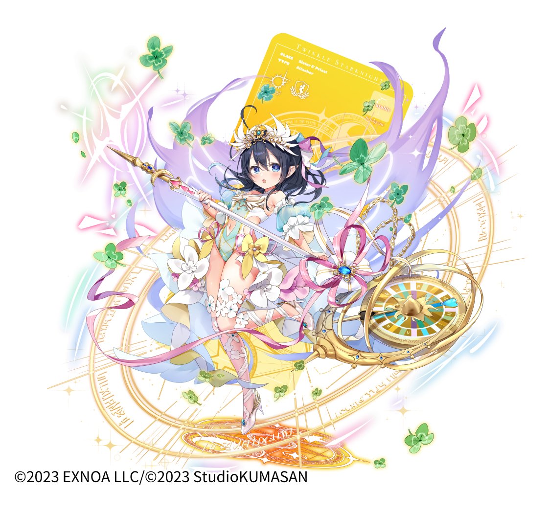 emia (castilla), twinkle star knights, official art, 1girl, black hair, blue eyes, flower, green leotard, hair between eyes, high heels, holding, holding staff, holding weapon, leotard, open mouth, sachi (twinkle star knights), staff, weapon, white flower