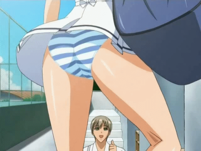 mizushima asa, saisho hajime, sora no iro mizu no iro, animated, animated gif, anime screenshot, lowres, 00s, 1boy, 1girl, ass, bag, blue panties, chain-link fence, day, fence, grey hair, outdoors, panties, school uniform, solo focus, striped clothes, striped panties, thumbs up, underwear, vanishing point, wind, wind lift