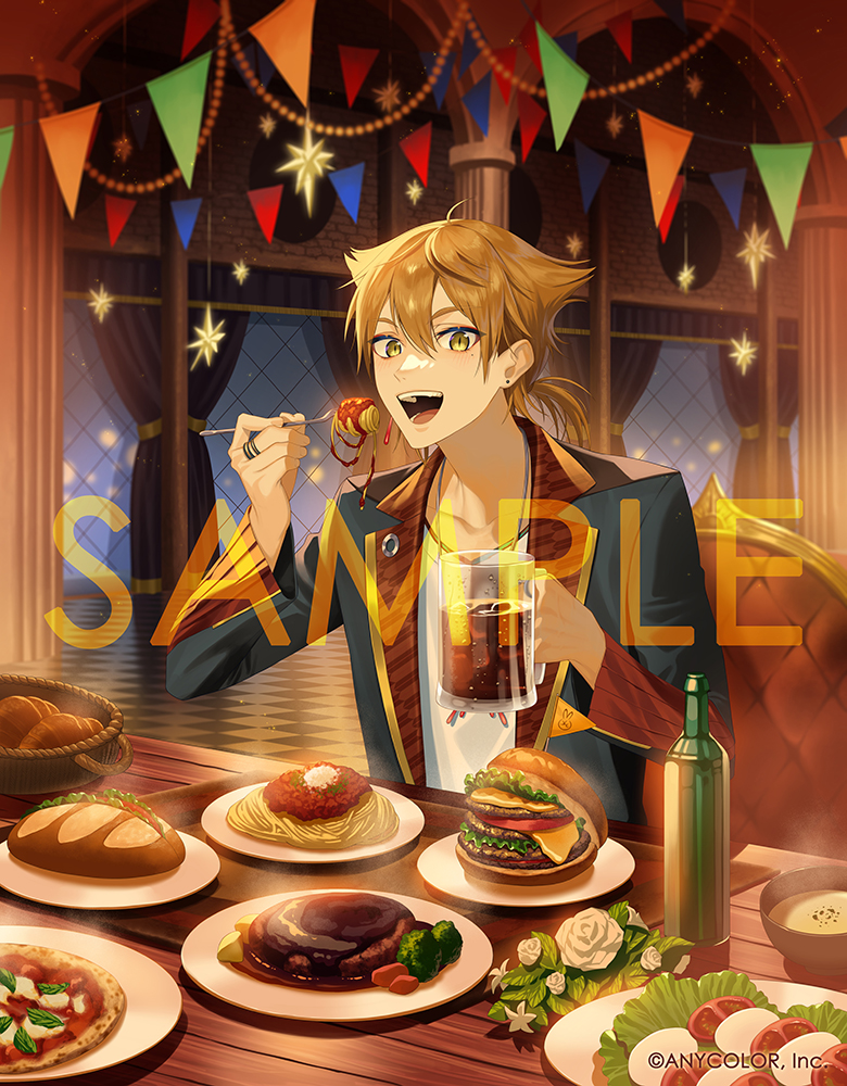 dolustoy, fushimi gaku, fushimi gaku (1st costume), nijisanji, commentary request, official art, 1boy, :d, banner, basket, bottle, bowl, brown hair, burger, caprese salad, chair, company name, copyright notice, cup, curtains, drink, flower, food, fork, hair between eyes, hamburger steak, holding, holding cup, holding fork, jacket, jewelry, leaf, looking at viewer, male focus, mozzarella (cheese), multiple rings, open clothes, open jacket, open mouth, pasta, pizza, ponytail, ring, sample watermark, shirt, short ponytail, smile, solo, spaghetti, teeth, tomato, tomato slice, tongue, virtual youtuber, watermark, white flower, white shirt, window, yellow eyes