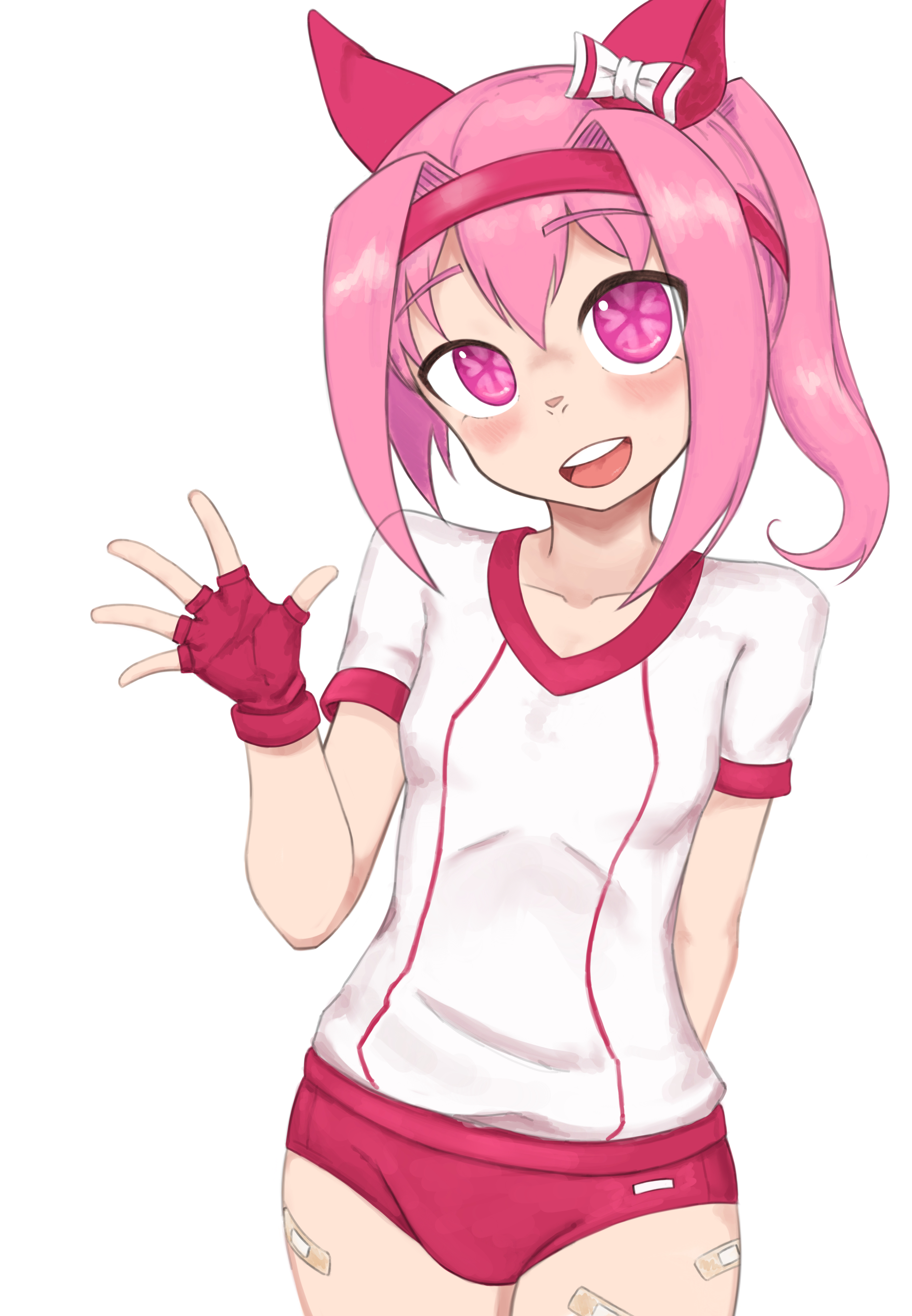 haru urara (bestest prize) (umamusume), haru urara (umamusume), umamusume, absurdres, commentary request, highres, 1girl, animal ears, bandaid, bandaid on leg, blush, bow, buruma, ear bow, ear covers, flower-shaped pupils, flower in eye, gym uniform, hairband, headband, horse ears, horse girl, long hair, open mouth, pink buruma, pink eyes, pink hair, pink headband, ponytail, red buruma, red headband, school uniform, shirt, smile, solo, symbol-shaped pupils, symbol in eye, tracen school uniform