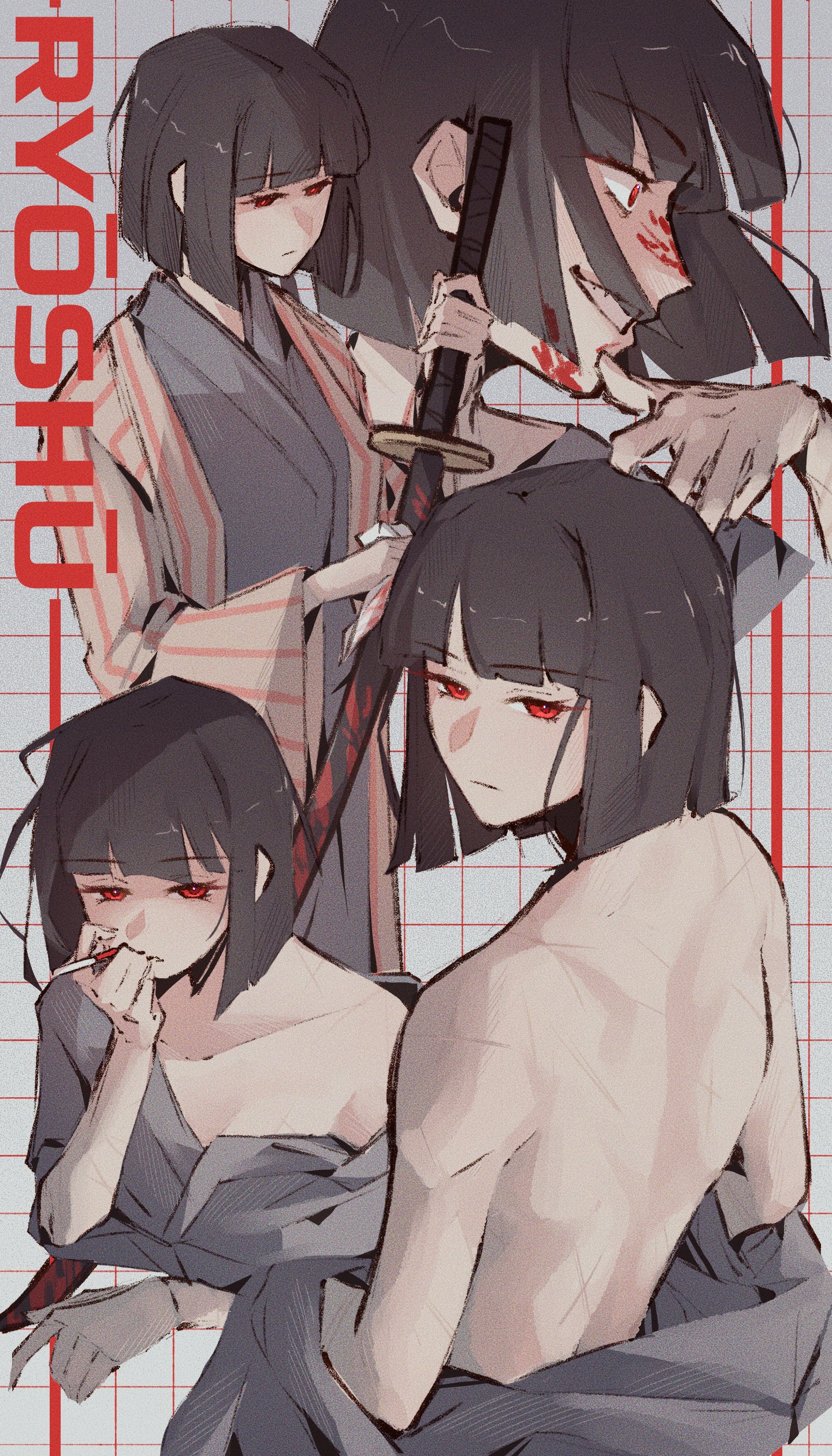 kokiing, ryoshu (project moon), limbus company, project moon, absurdres, highres, 1girl, bare back, black hair, blood, blood on face, bob cut, coat, e.g.o (project moon), forest for the flames (e.g.o), grey background, grey kimono, holding, holding sword, holding weapon, japanese clothes, kimono, looking at viewer, multiple views, ootachi, red eyes, scar, short hair, simple background, solo, striped clothes, striped coat, sword, upper body, weapon, white coat