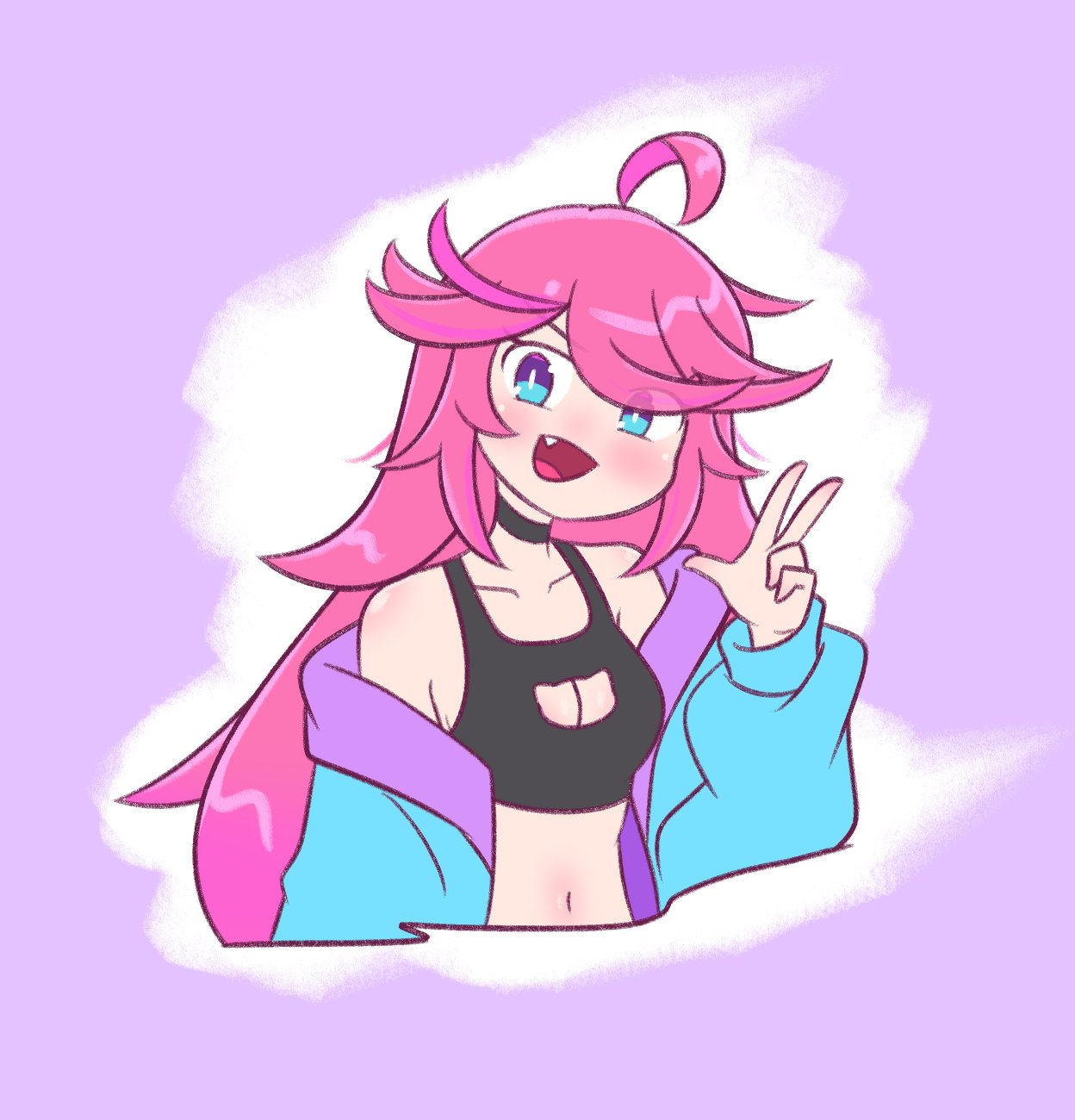 original, commentary, highres, 1girl, :d, ahoge, aqua eyes, aqua jacket, bare shoulders, black sports bra, blush, breasts, bright pupils, cleavage, cleavage cutout, clothing cutout, cropped torso, fang, jacket, long hair, long sleeves, navel, off shoulder, ojazaki, open clothes, open jacket, open mouth, pink hair, purple background, simple background, smile, solo, sports bra, tsumiki (ojazaki), w, white pupils