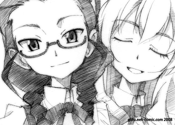 gofu, kimura takako, ookouchi shino, kannagi, traditional media, 00s, forehead, greyscale, monochrome, sketch, smile